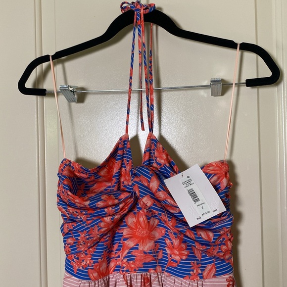 NWT Badgley Mischka size 2 Halter Blue Red Pink dress Floral MAXI - Picture 4 of 10